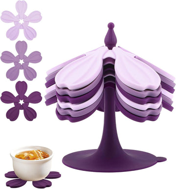 Silicone Trivet Mat - 6 Flower-Shaped Silicone mats + 1 Stand, Non-Slip & Heat Resistant Kitchen Hot Pads for Table & - Set of 7