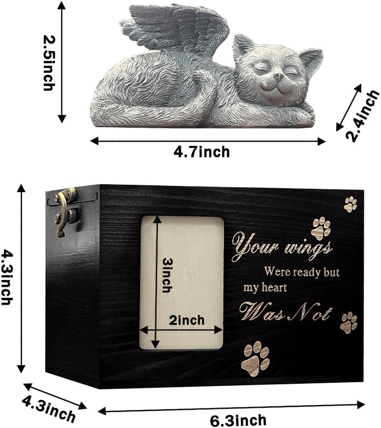Cat Urn for Ashes Box with Picture Black Funeral Cremation Box Wooden Keepsake with Flannel Lining for Loss of Cat or