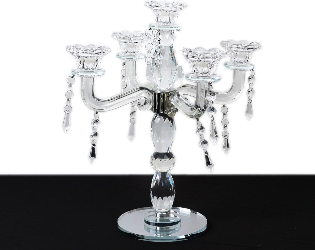 Crystal 5-Arm Candelabra Taper Candle Holder with Hanging Prisms & Round Mirror Base - Faceted Cut Glass Design - 14"