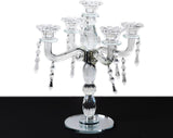 Crystal 5-Arm Candelabra Taper Candle Holder with Hanging Prisms & Round Mirror Base - Faceted Cut Glass Design - 14"