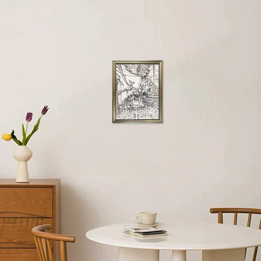 Vintage Framed Van Gogh Wall Art Paris Café Terrace Night Exhibition Print Poster Black and White Pen Drawing Sketch