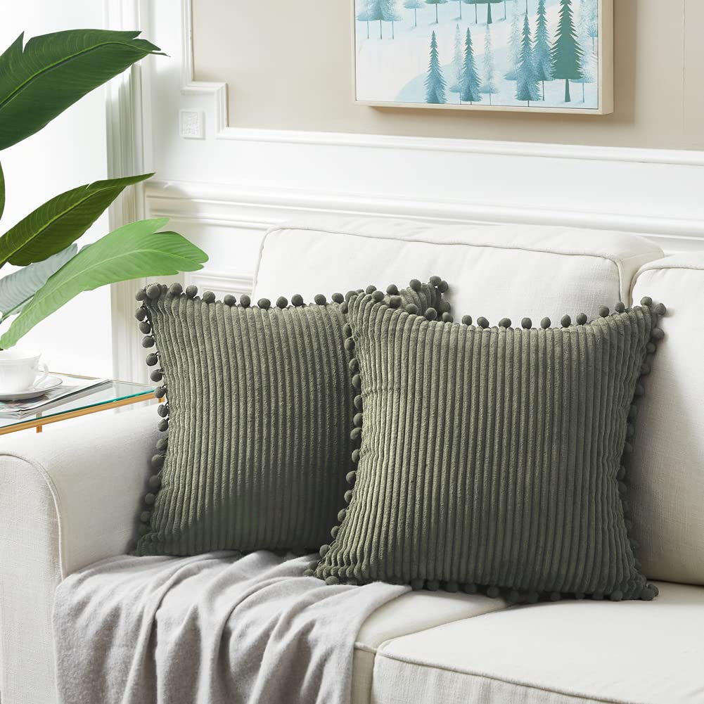 Pack of 2 Olive Green Decorative Throw Pillow Covers 22x22 Inch with Pom-poms for Couch Bed Living Room, Soft