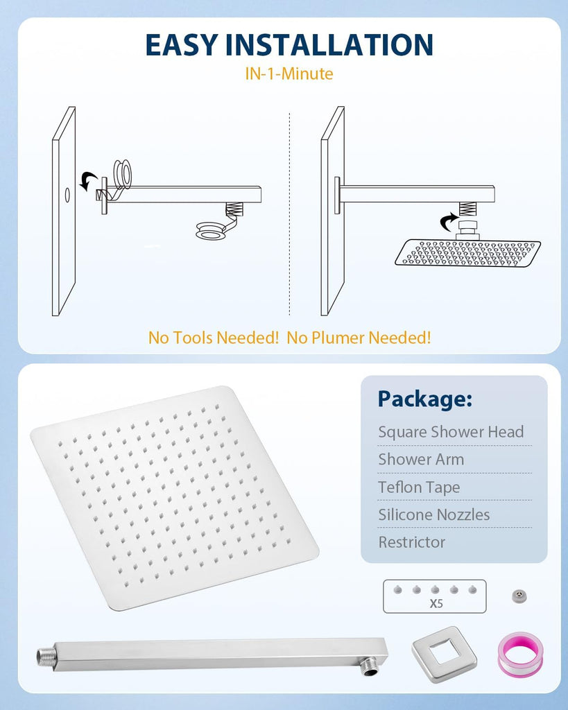 All Metal Rainfall Shower Head with Extension Arm Brushed Nickel, 12" Large Rain Square Showerhead with 16" Shower