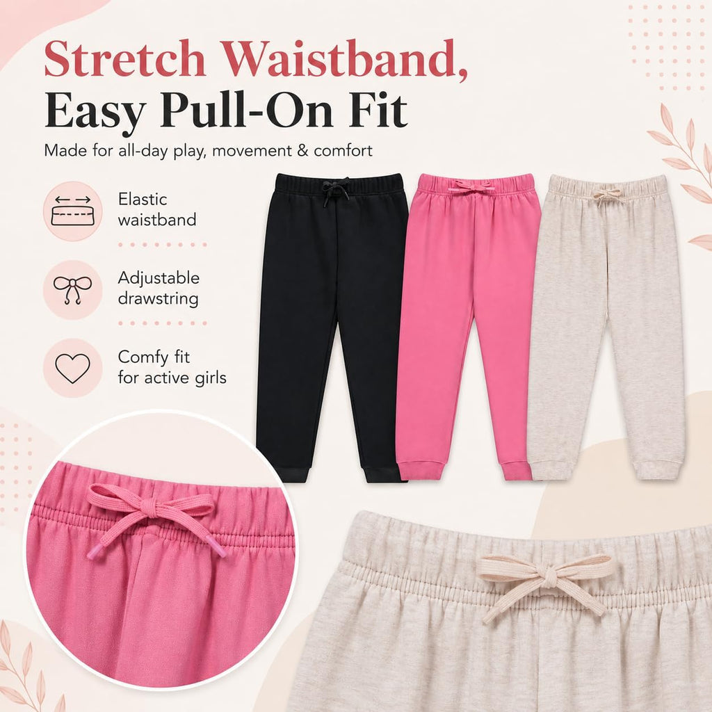 Kids Girls Fashion Stretch Waist Ultra Soft Jogger Pants Set 3 Pack Bundle