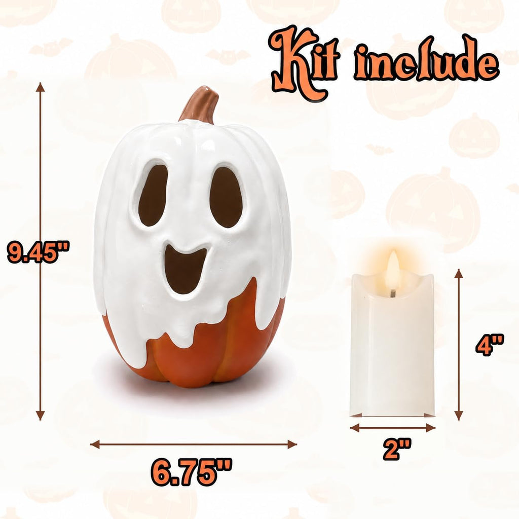 Halloween Decorations - 9.45" H Resin Ghost Pumpkin with Flameless Candle Outdoor - Cute Spooky Decoration