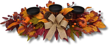 26 Inch Fall Candle Holder Centerpiece with Pumpkins and Burlap Bow | 3 Black Candle Cups with Maple Leaves, Mini