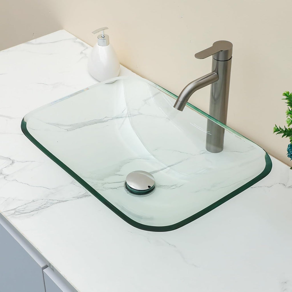 Sarlai Bathroom Vessel Sink Tempered Glass Bowl Vessel Sink with Pop-up Drain Combo 20-1/4 x 14-1/2 Inch Transparent