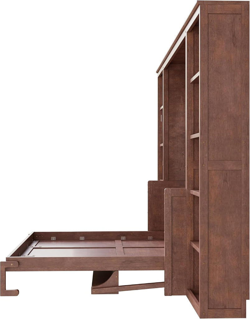 Queen Murphy Bed with Desk, Wood Murphy Bed Frame with Storage Shelves, Hidden Foldable Wall Bed for Home Office