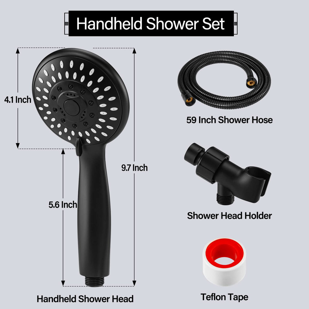 Handheld Shower Head High Pressure 5-Settings with Hose, Matte Black