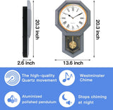 Plastic Pendulum Clock. Sturdy Gray Frame. Westminster Chime Every Hour,Elegant,Traditional Schoolhouse,Home,Office,Living Room,Bedroom.