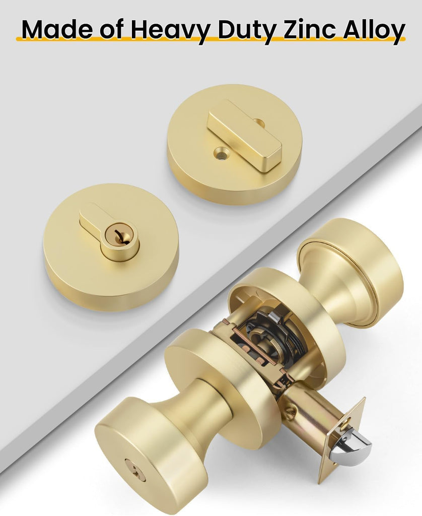 Brushed Gold Entry Door Knobs with Deadbolt Zinc-Alloy (3 Pack)