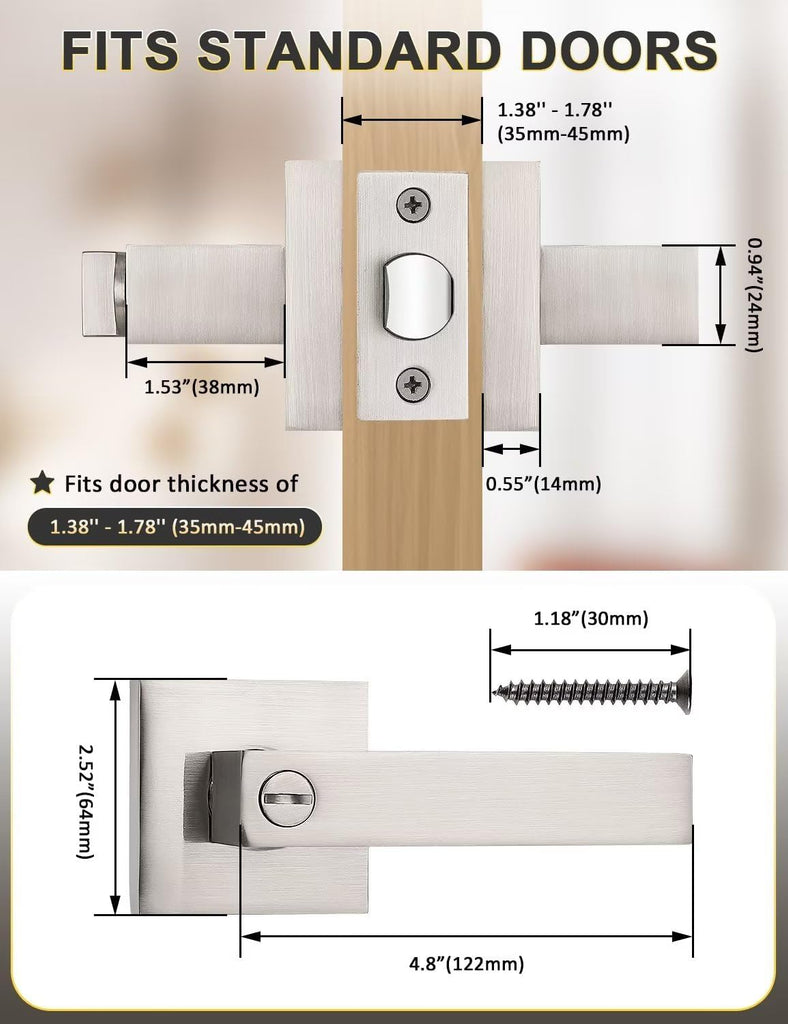 6 Pack Privacy Square Brushed Nickel Door Handles Interior, Keyless Door Knobs /Bathroom, Reversible for Left Right