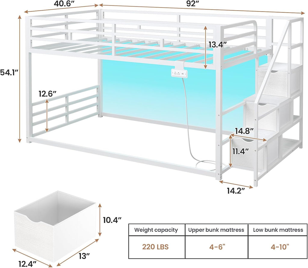Low Bunk Bed Twin Over Twin with Stairs, Storage Drawers & Shelves, RGB LED Lights Metal Floor Bunk with Power Outlet
