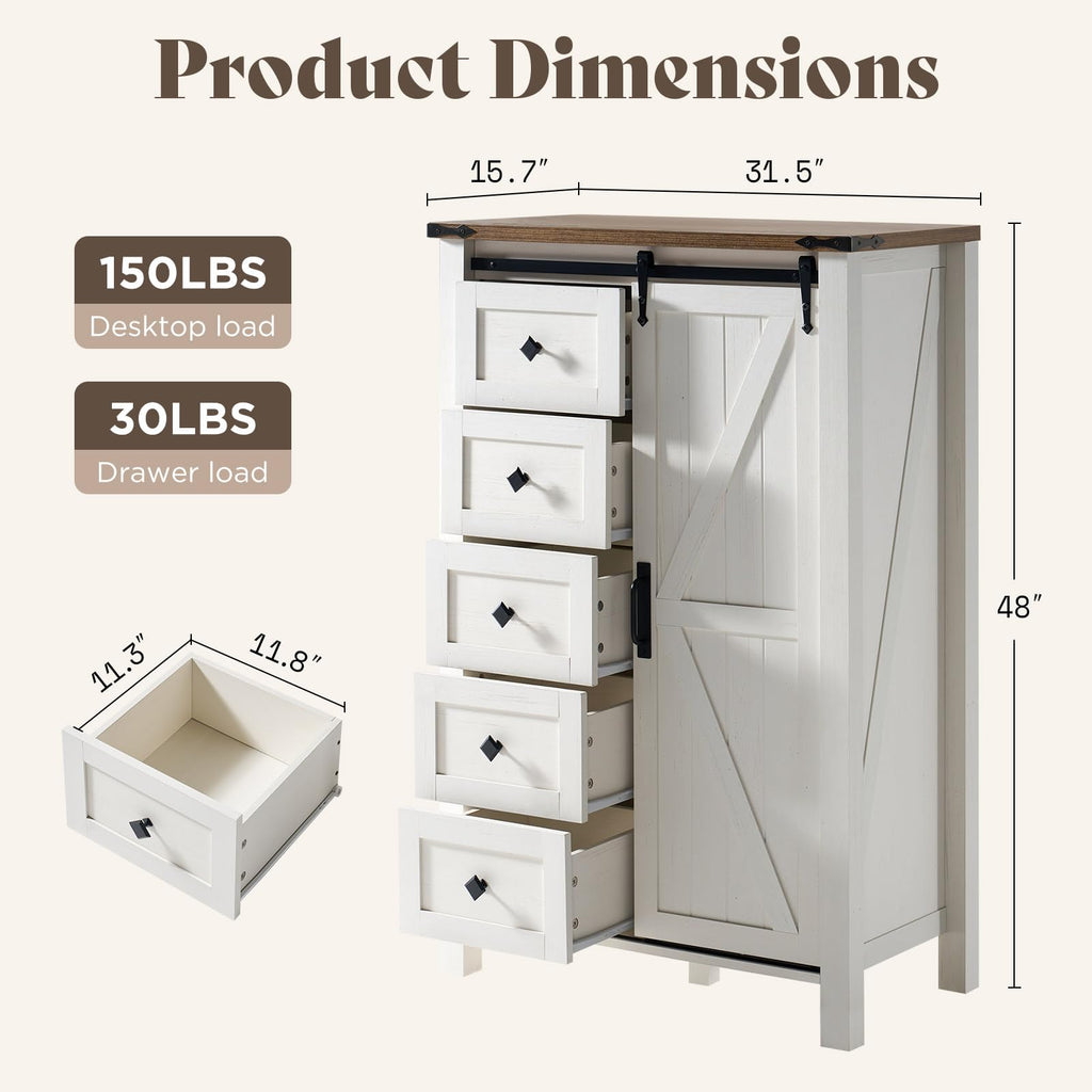 31.5" Farmhouse 5-Drawer Dresser with Barn Doors, Distressed White