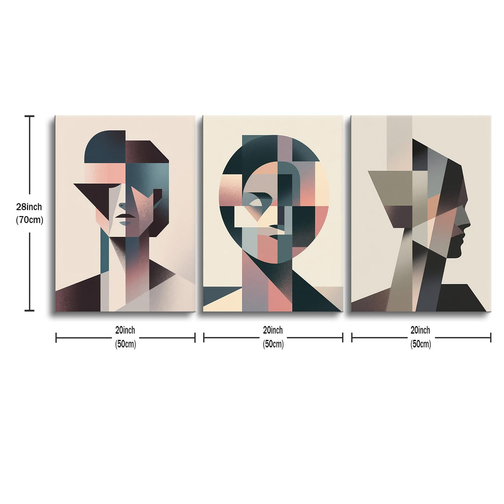 Geometric Faces Triptych Canvas Wall Art, Modern Figure Room Decor