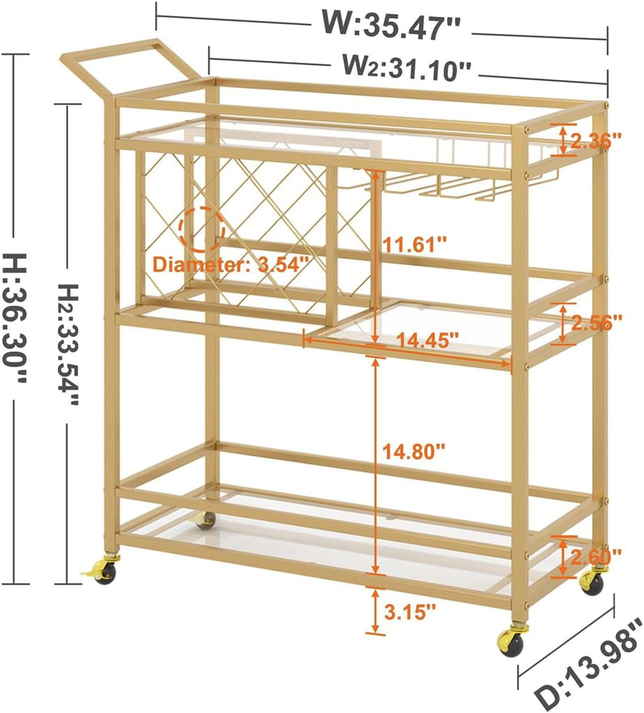 Bar Cart Gold, Home Bar Serving Cart with Wine Rack and Glasses Holder, Wine Carts on Wheels with 3 Tier Mirrored