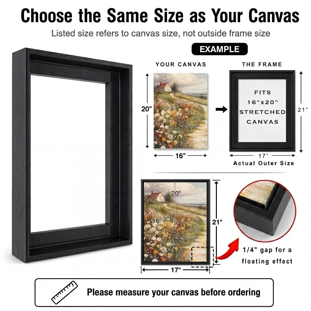 Canvas Floater Frame for Finished Canvas Art, 1.25" Deep Floating Shadow Gap Design, Floating Frame for Canvas Art