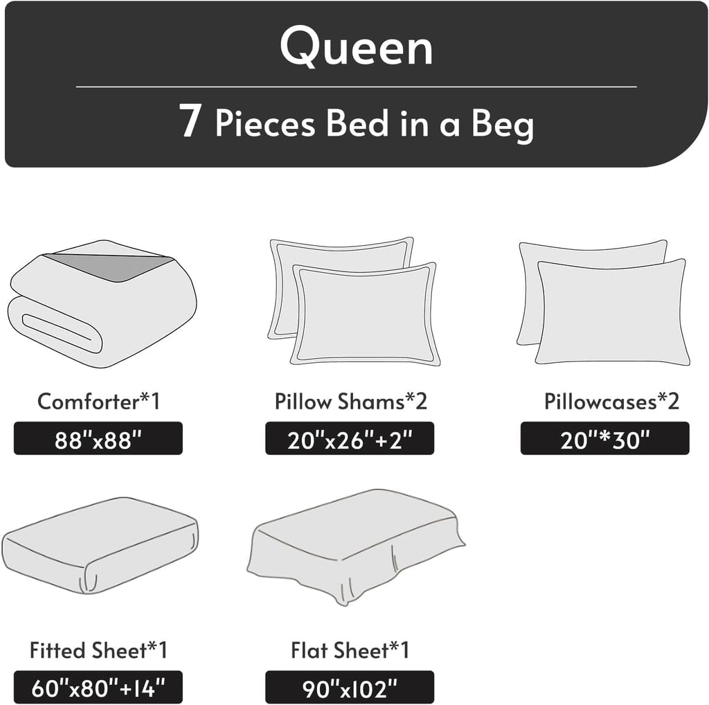 Queen Comforter Set, 7-Piece Floral Bed in a Bag, Bohemian