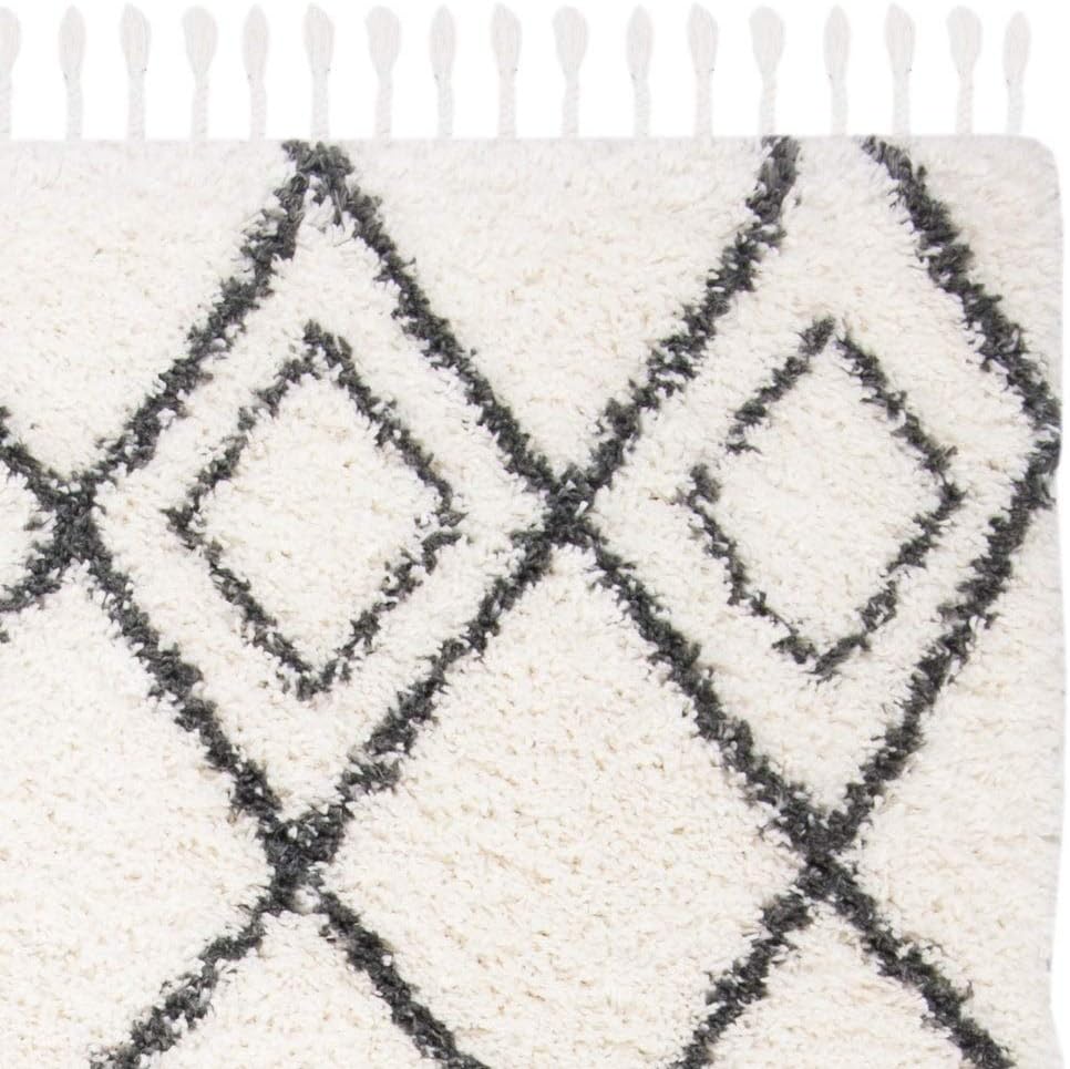 Moroccan Tassel Shag Collection Area Rug - 6'7" Square, Ivory & Light Grey, Boho, Non-Shedding & Easy Care, 1.5-inch