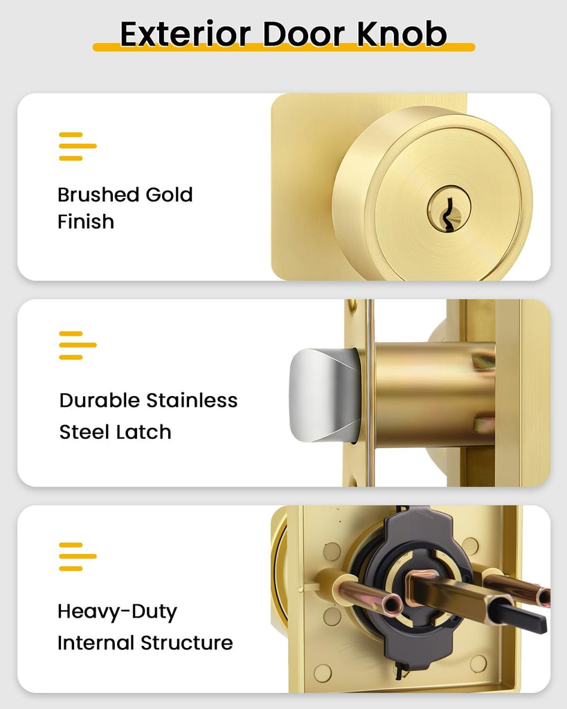 Gold Entry Door Knob with Lock and Key, Zinc Alloy 1 Pack
