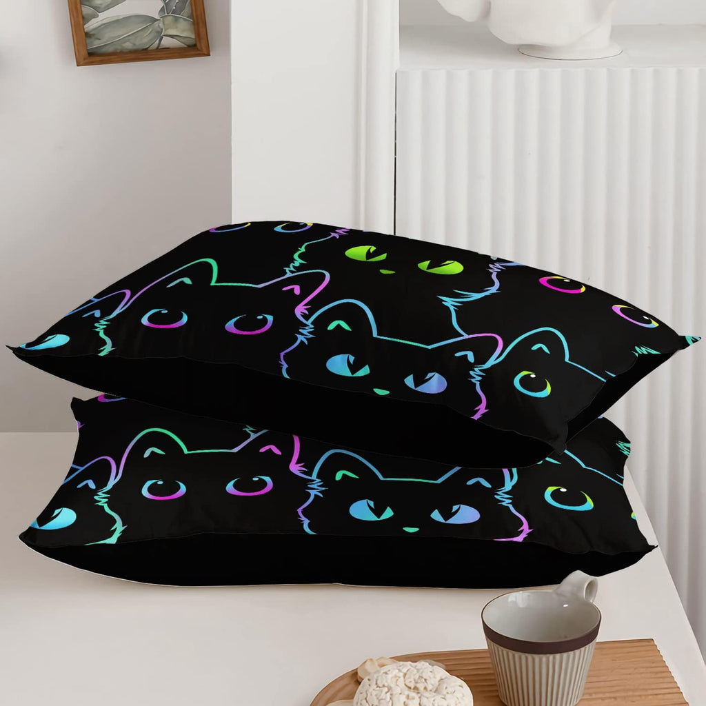 Kids Bedding Cartoon Cat Comforter Set Twin,Gradient Line Cute Cat Bedding Set for Teens Boys Girls Adults Room