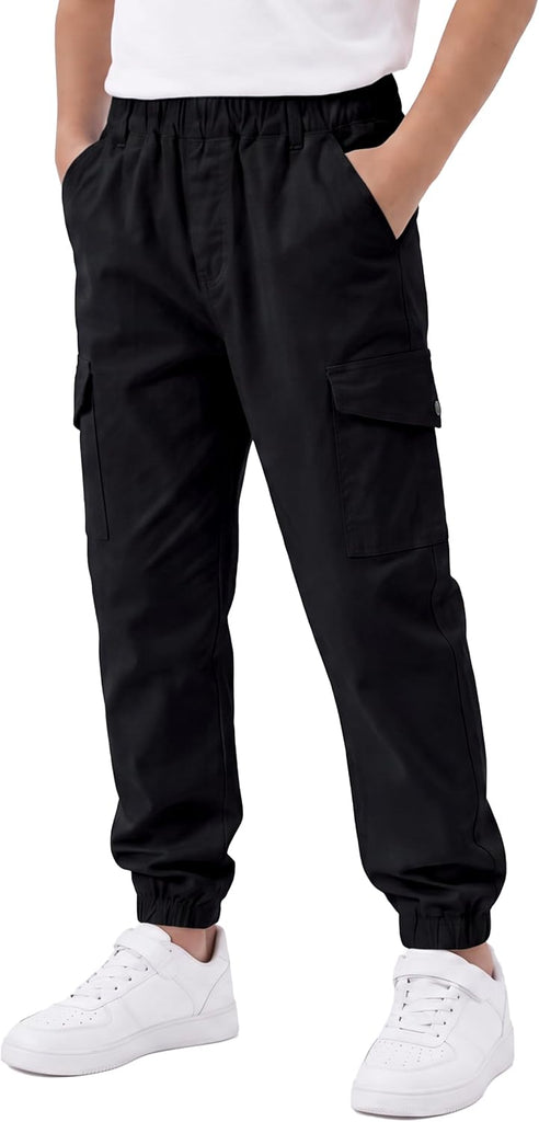 Boys Cotton Solid Color Elastic Waist Fall Winter Cargo Pants