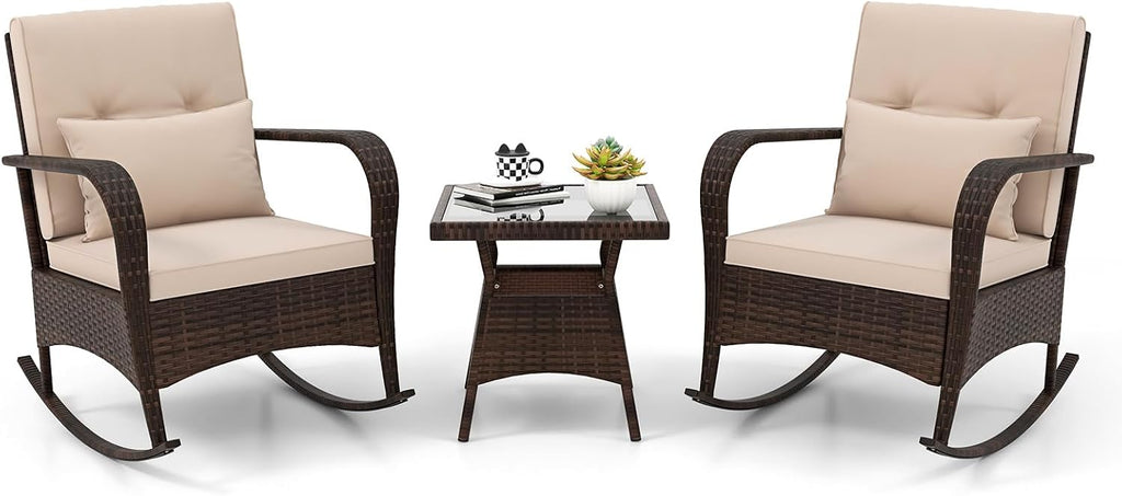 3 Pieces Outdoor Wicker Rocking Chair, Patio Furniture Set (Beige) | with Cushions, Pillows, Glass Coffee Table