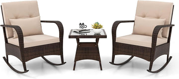 3 Pieces Outdoor Wicker Rocking Chair, Patio Furniture Set (Beige) | with Cushions, Pillows, Glass Coffee Table
