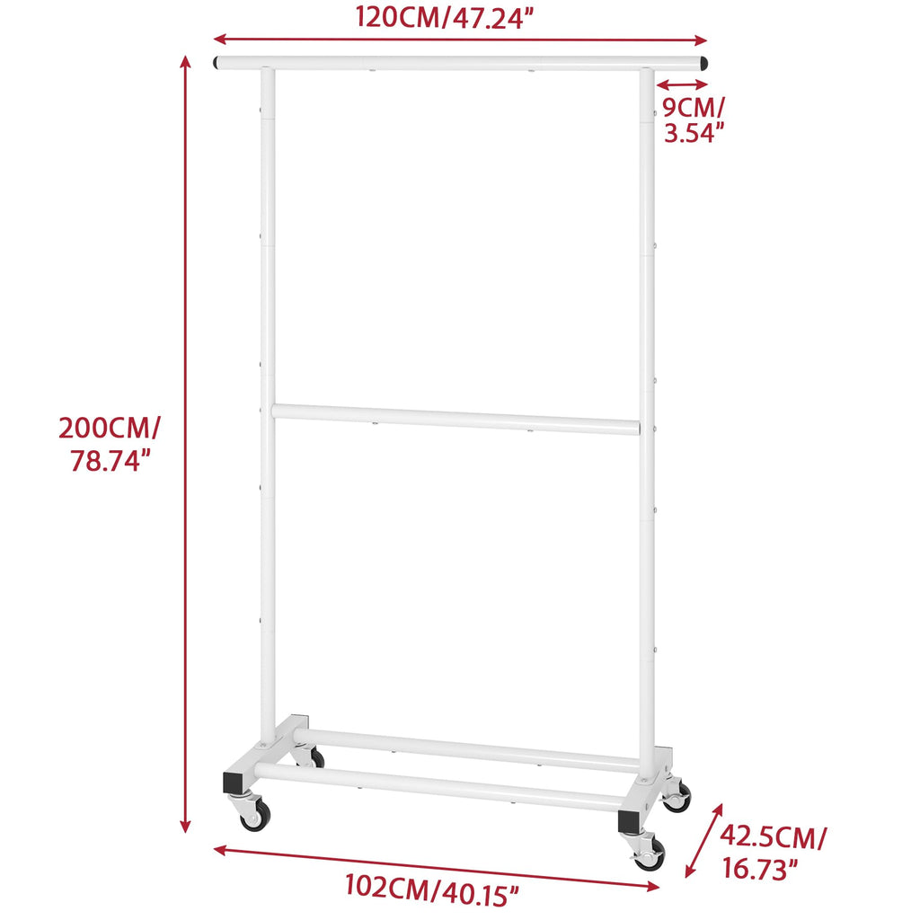 Double Rod Metal Clothing Garment Rack on Wheels, White