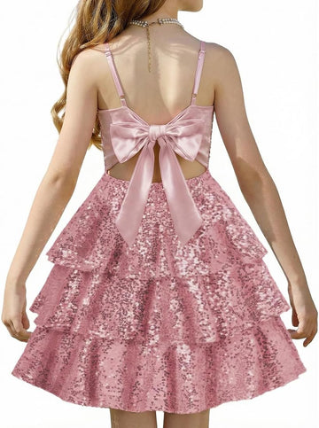 Girls Sequin Formal Dresses Kids Party Special Occasion Fancy Dress Tie Back 3 Layer Prom Graduation Outfits
