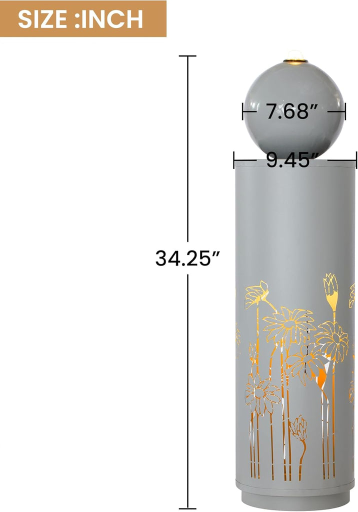 Zoe 34.25" H Metal Water Fountain Outdoor with LED Light, Recirculating Pump Outdoor Fountain with Sphere-Top