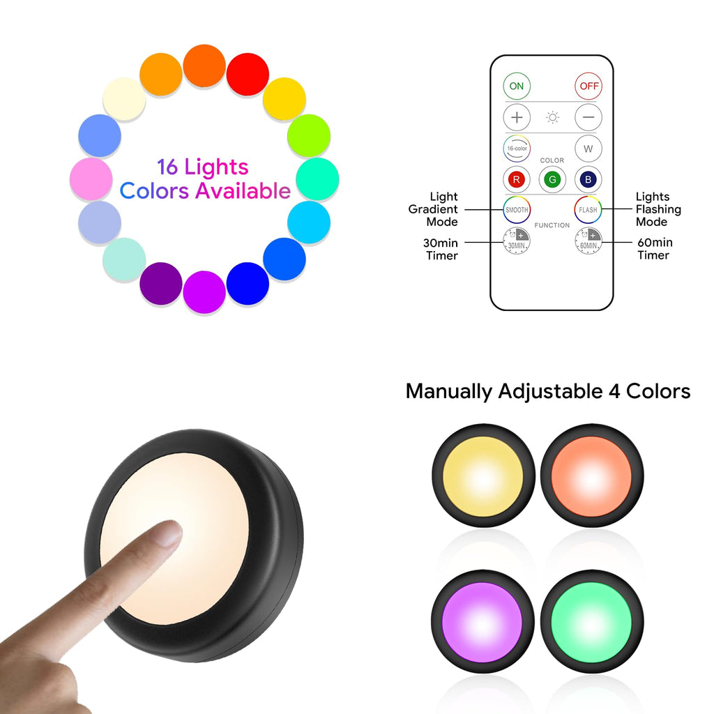 12 Pack LED Puck Lights Remote Control 16 Color Changeable Under Cabinet Lights, Battery Operated Lights Night Light