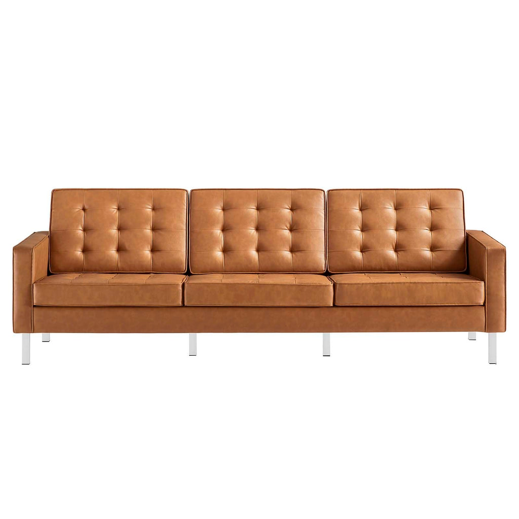 Loft Tufted Button Faux Leather Upholstered Sofa in Silver Tan