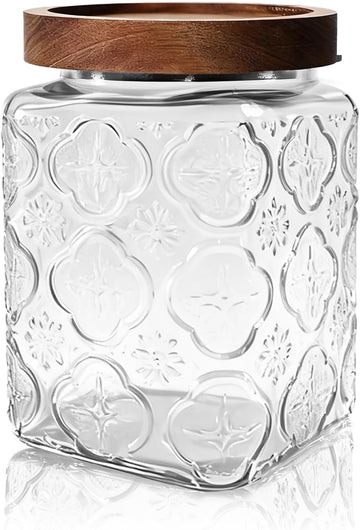 Vintage Glass Jar with Wood Lid - 24 OZ Airtight Canister Pantry Bathroom, Decorative Storage Container for Candy