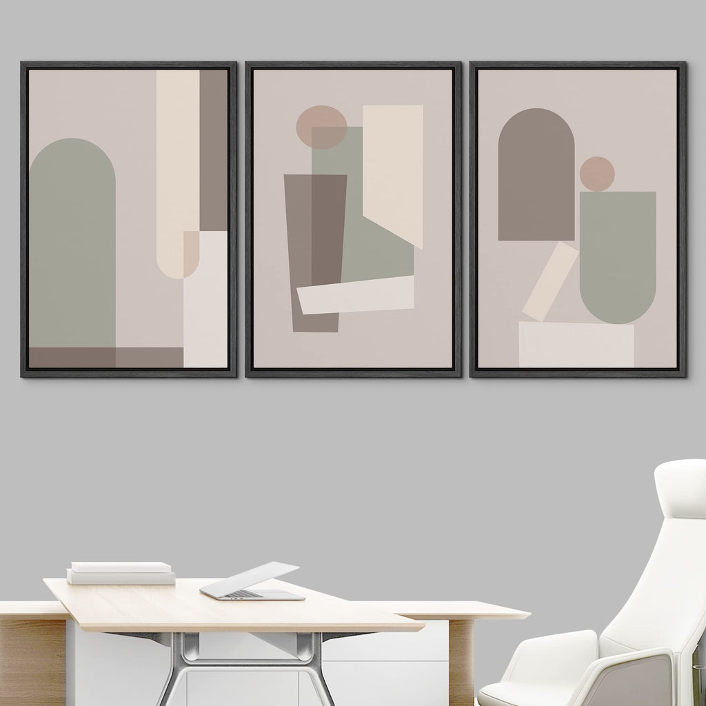 Framed Canvas Print Wall Art Set Pastel-Mid Century Geometric Figure Collage Abstract Shapes Illustrations Minimalism