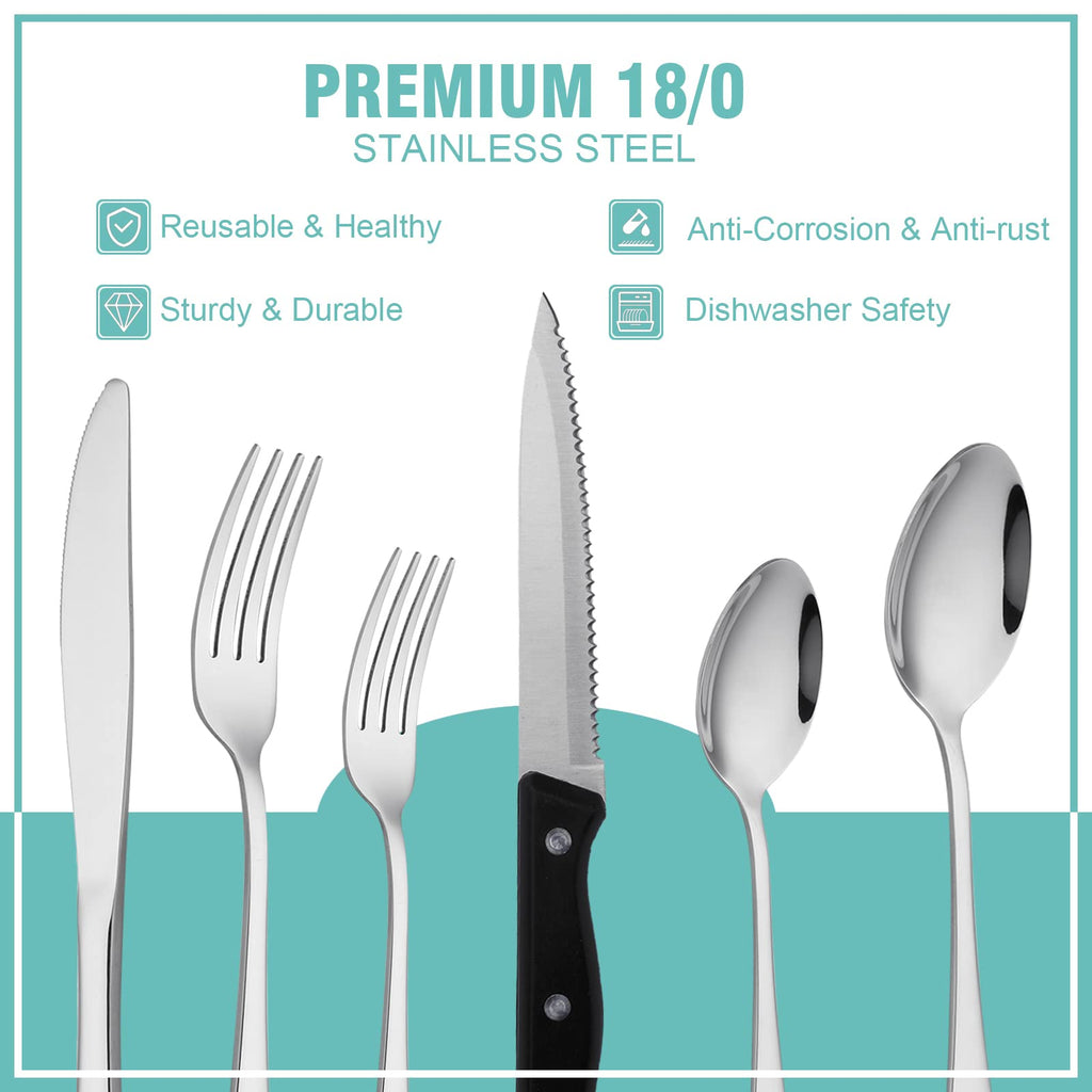 48 Piece Metal Everyday Modern Silverware Set with Steak Knives 18/0 Stainless Steel Flatware Cutlery Reusable Lunch