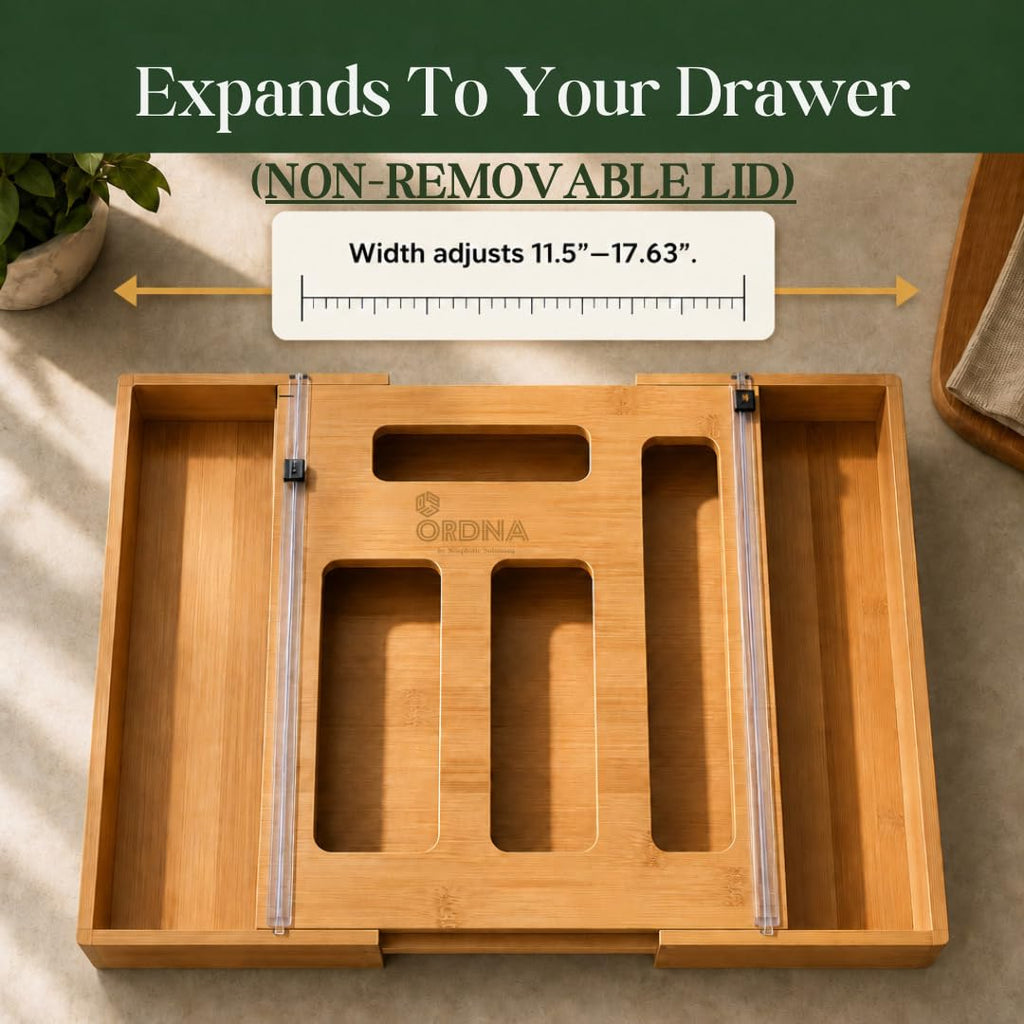 3" Slim 6-in-1 Expandable Storage Bag Organizer Kitchen Drawer - Bamboo Baggie Organizer for Drawer, Aluminum Foil &