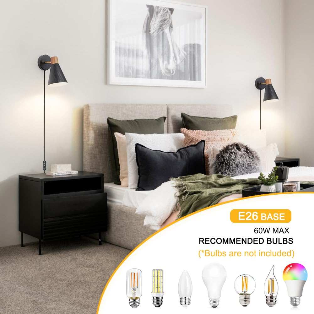 Black Plug in Wall Sconces Set of 2, Modern Bedroom Wall Light with on/off Cord, Wooden Plug Sconce with Hammered
