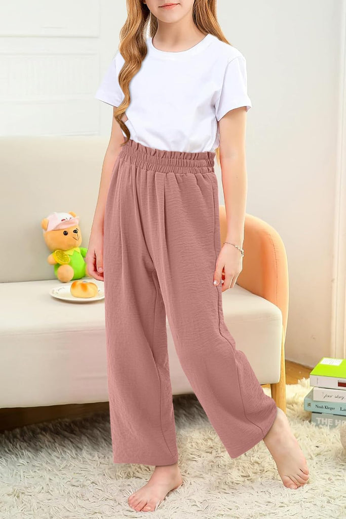 Girls Casual High Waist Wide Leg Flowy Pants