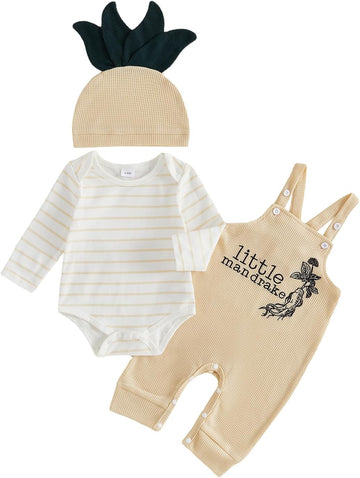Newborn Baby Boy Fall Outfit Long Sleeve Striped Romper Top Letters Embroidery Waffle Knit Overalls Pants Hat Set