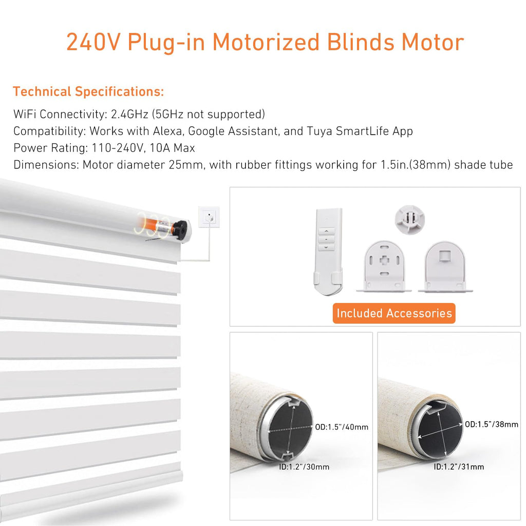 Tuya WiFi Smart Roller Shade Motor for 1.5" (38mm) Tubes - Compatible with Alexa & Google Home - App/Timer Control