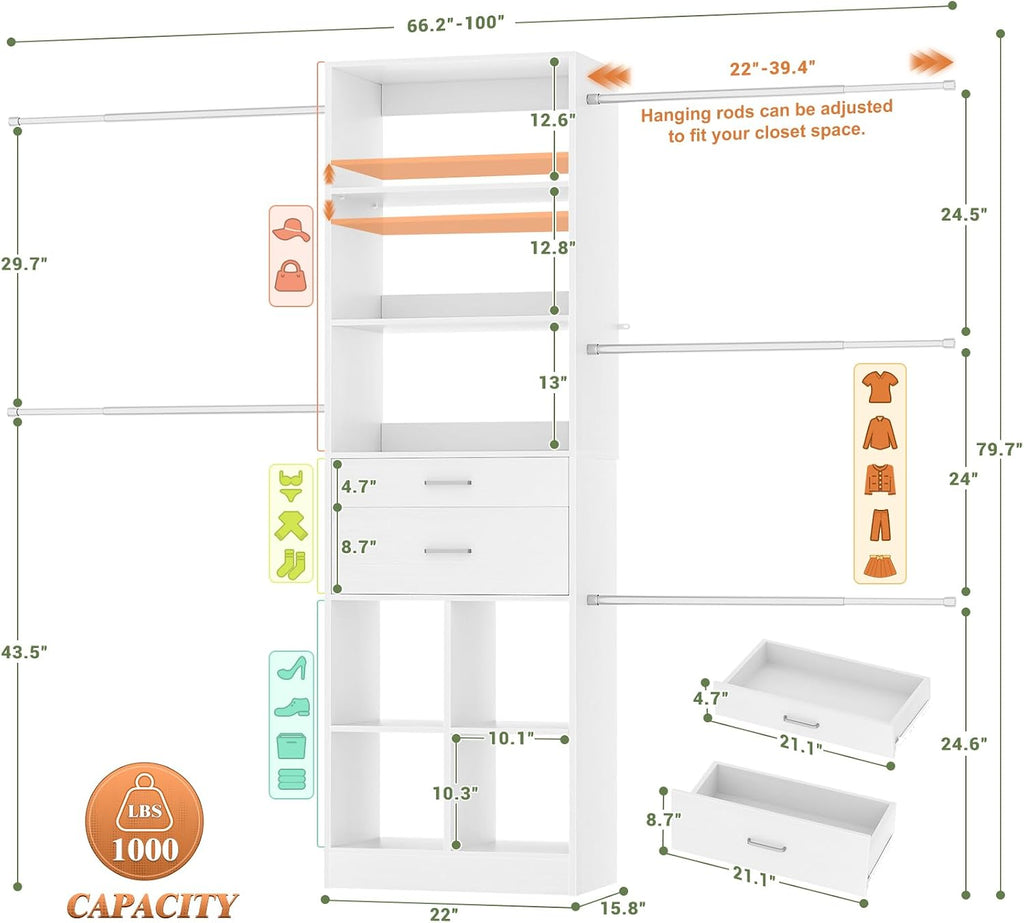 Closet System, 4-8 FT Closet Organizer Tower with 2 Wooden Drawers and 5 Hanging Rods, Can Fit 60 to 96 inch Walk-in