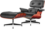 Mid-Century Modern Lounge Chair & Ottoman — Black Bonded Grain Leather, Rosewood Base, Tall Back