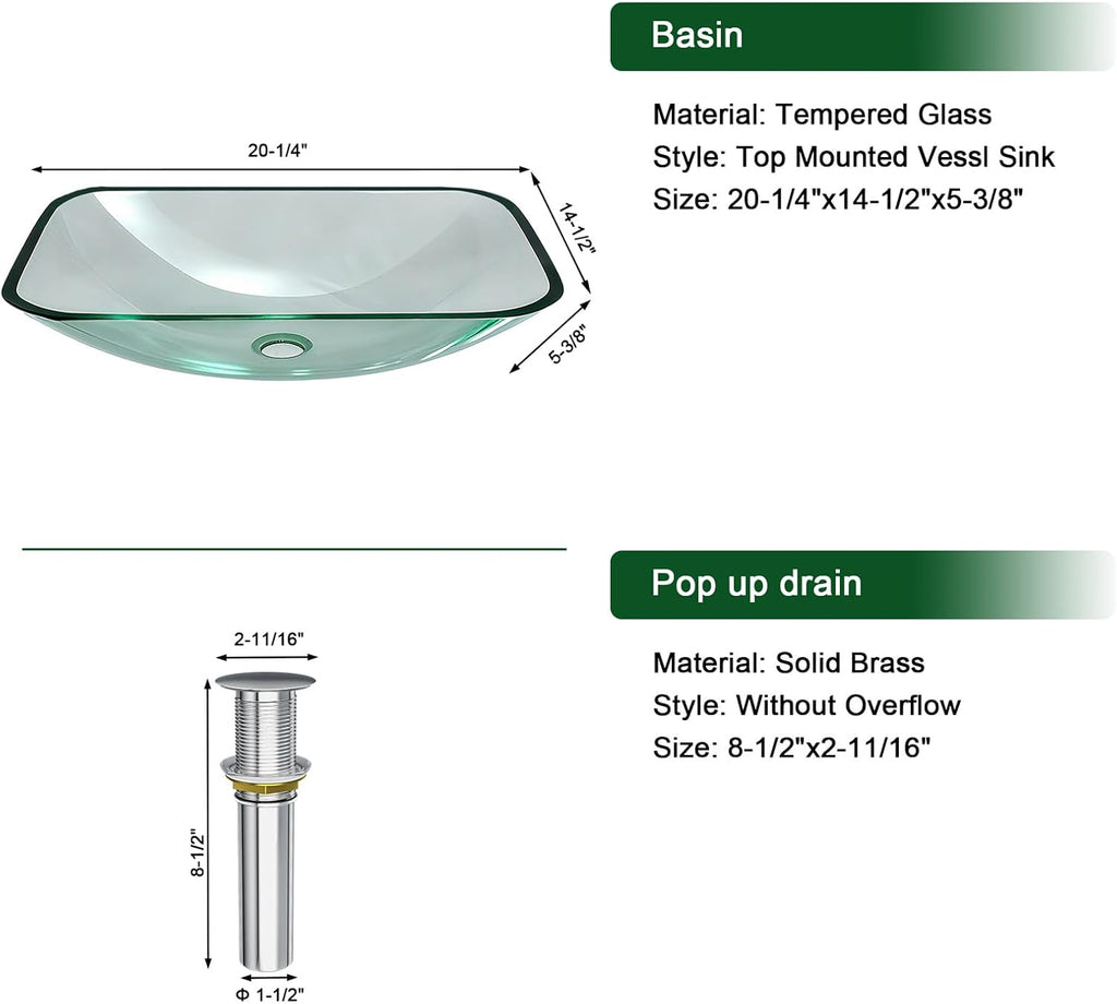 Sarlai Bathroom Vessel Sink Tempered Glass Bowl Vessel Sink with Pop-up Drain Combo 20-1/4 x 14-1/2 Inch Transparent