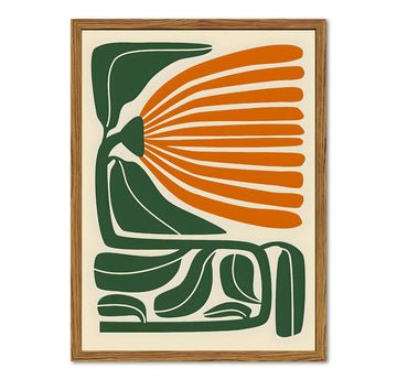 Framed Boho Floral Wall Art, Mid Century Modern Flower Canvas Wall Decor Pictures, Green and Orange Abstract