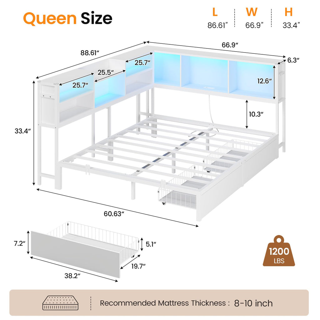 Corner Bed Frame Queen with Storage Bookcase and Drawers, Queen Size Daybed with Charging Station and LED Lights
