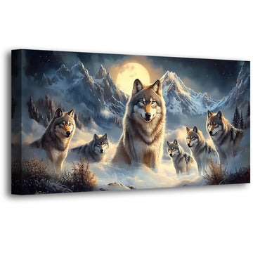 Framed Wolf Wall Art, 40x20 Inch Large Horizontal Mountain Moon Wolves Canvas Prints, Rustic Wildlife Nature Wall