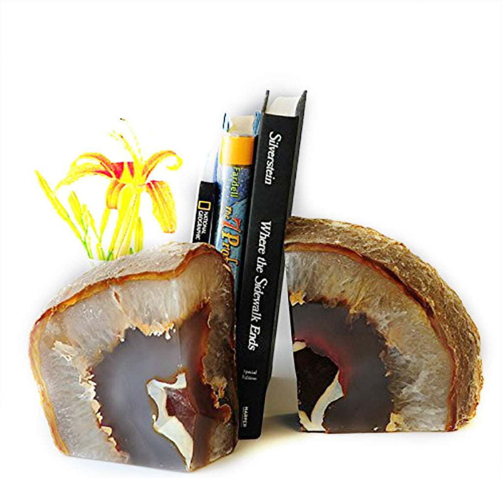 Natural Agate Geode Bookends Anti-Slip Rubber Bumpers 1 Pair 4-6Lbs | Heavy Duty Crystal Book Stoppers Cute Crystal
