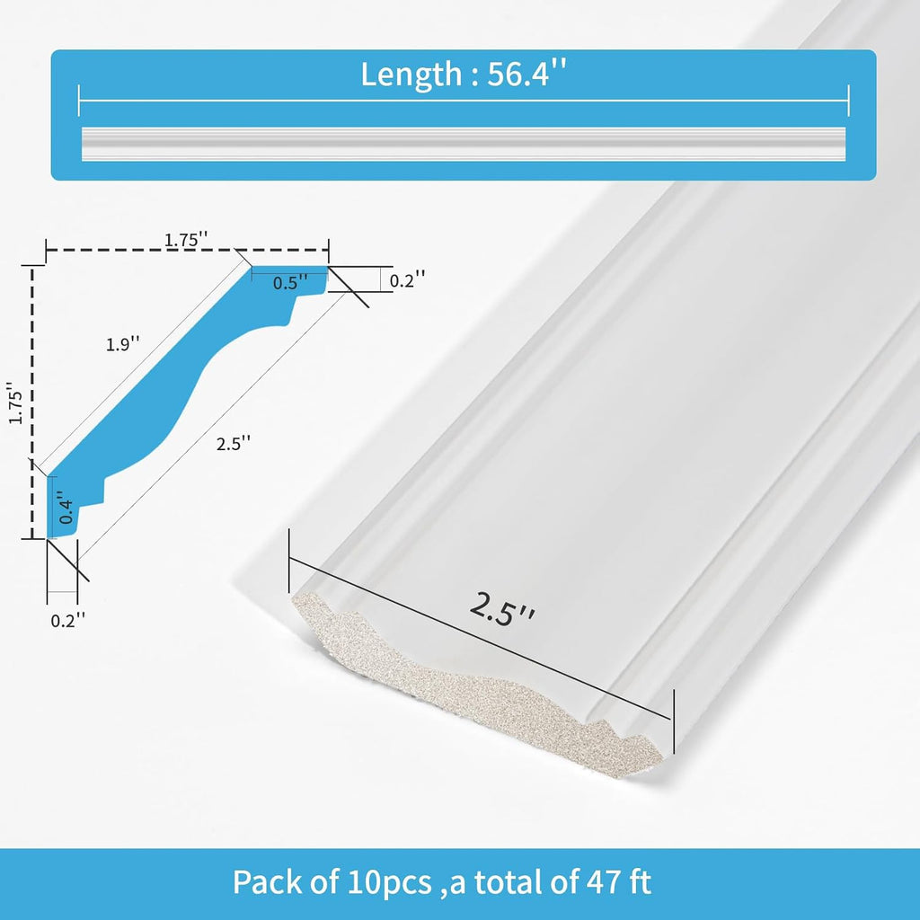High Impact Crown Molding Trim for Ceiling, 10-Pack, 2.5" W, White