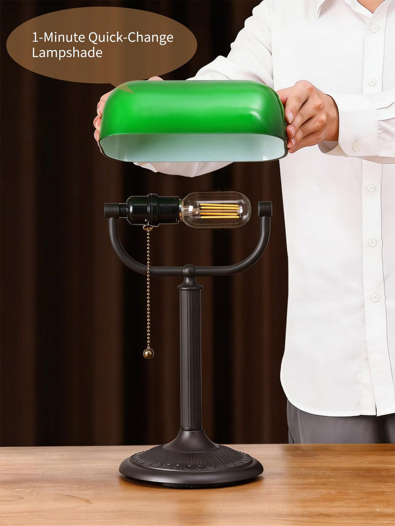 Quick-Change Shade Antique Green Glass Bankers Desk Lamp